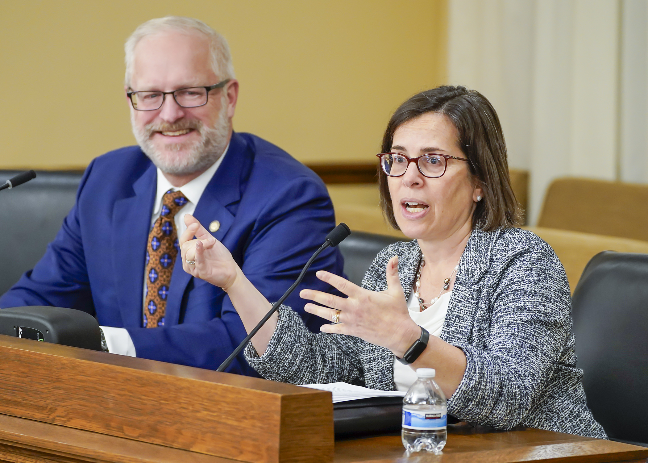 Legislative Auditor Judy Randall speaks before the House State Government Finance and Policy Committee Jan. 21 on HF3, a bill sponsored by Rep. Jim Nash, left. (Photo by Andrew VonBank)